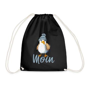 Seagull with knitted cap says Moin Low German North - Drawstring Bag - black - Front