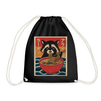 Kawaii Raccoon Ramen Funny Japanese Anime - Drawstring Bag - black - Front