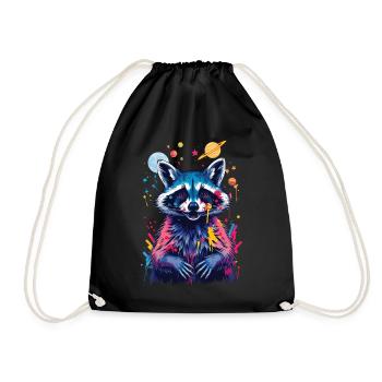 Raccoon Motif Animal Lover Art Artwork - Drawstring Bag - black - Front