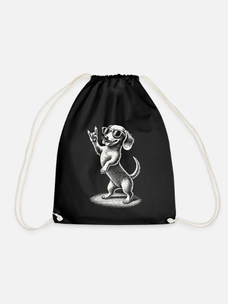 Funny Heavy Metal Dog Festival Retro Dachshund - Drawstring Bag - black