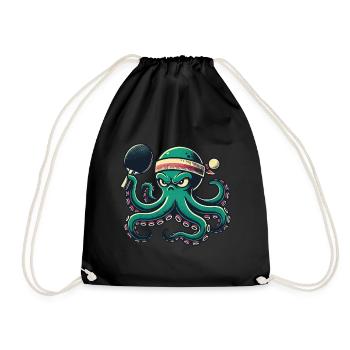 Funny Table Tennis Octopus Cartoon With Racket - Drawstring Bag - black - Front