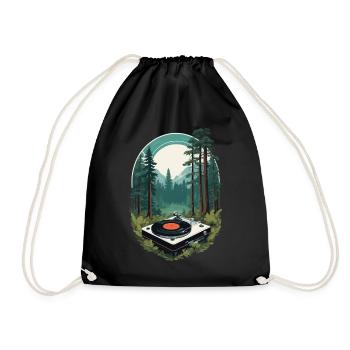 Musik Streetwear Outfit Natur Vinyl Plattenspieler - Turnbeutel - Schwarz - Vorne