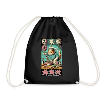 Ramen Chef Cat Kawaii Retro Japan Ukiyo-E - Drawstring Bag - black - Front