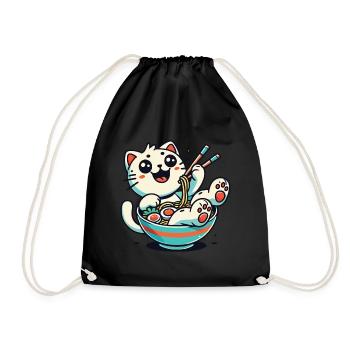 Kawaii Ramen Cat Streetwear Japanese Noodles - Drawstring Bag - black - Front