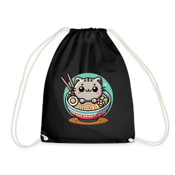 Kawaii Cat Ramen Noodles Japanese Streetwear - Drawstring Bag - black - Front