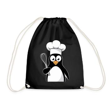 Penguin Cook with Whisk Motif - Drawstring Bag - black - Front