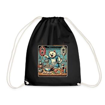 Ramen Noodles Cat Kawaii Retro Ukiyo-E - Drawstring Bag - black - Front