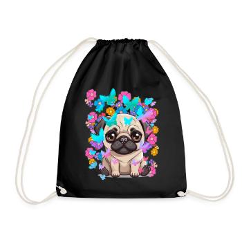 Hund Hunde Mops Frühling Blumen Schmetterlinge - Turnbeutel - Schwarz - Vorne