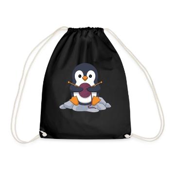 Knitting Penguin With Wool And Needles - Drawstring Bag - black - Front
