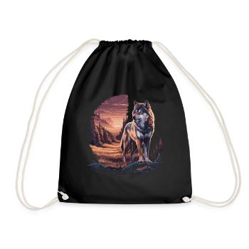 Loup solitaire au coucher du soleil – Nature sauvage - Sac de sport léger - noir - Devant