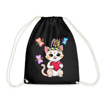 Hippie Cat Cats Kids Child Hippies - Drawstring Bag - black - Front