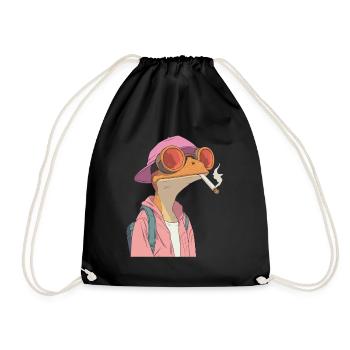 Frog with Hat and Joint - Weed Frog Design - Drawstring Bag - black - Front