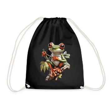 Frog with Joint on Branch - Weed Frog Design - Drawstring Bag - black - Front