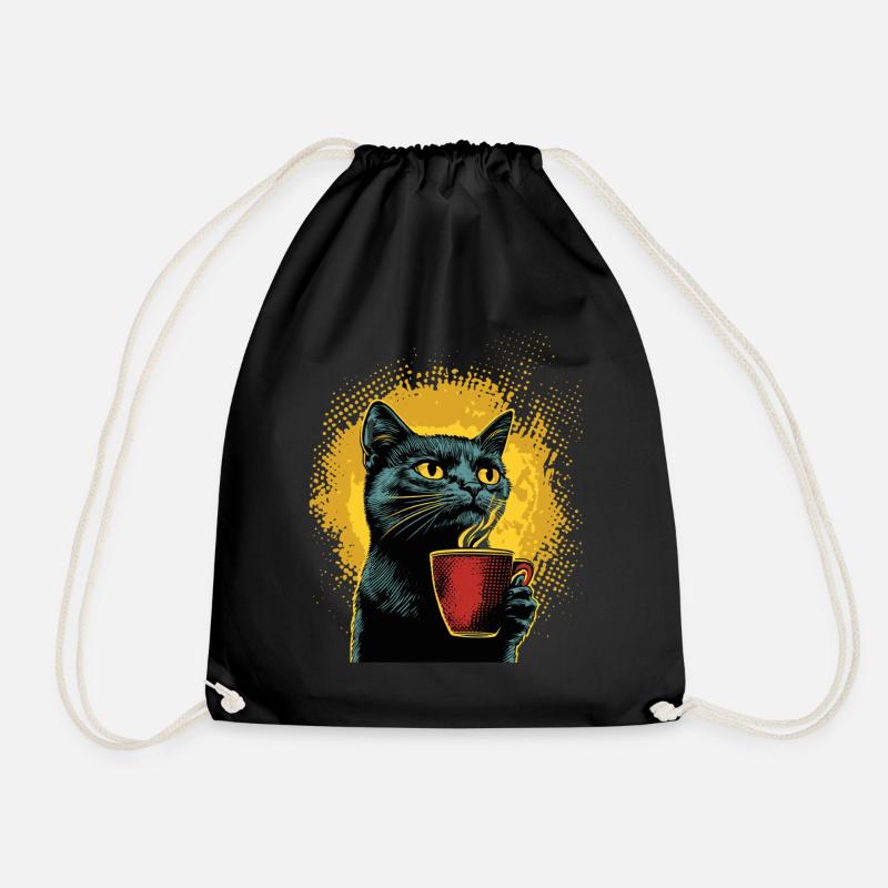 Schwarze Katze mit heißem Kaffee in roter Tasse - Turnbeutel - Schwarz