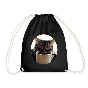 Sleeping cat with coffee cup - Drawstring Bag - black - Front