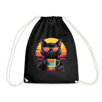 80s Style: Chill Cat with Coffee - Drawstring Bag - black - Front