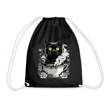 Mystical: Cat with skull coffee - Drawstring Bag - black - Front