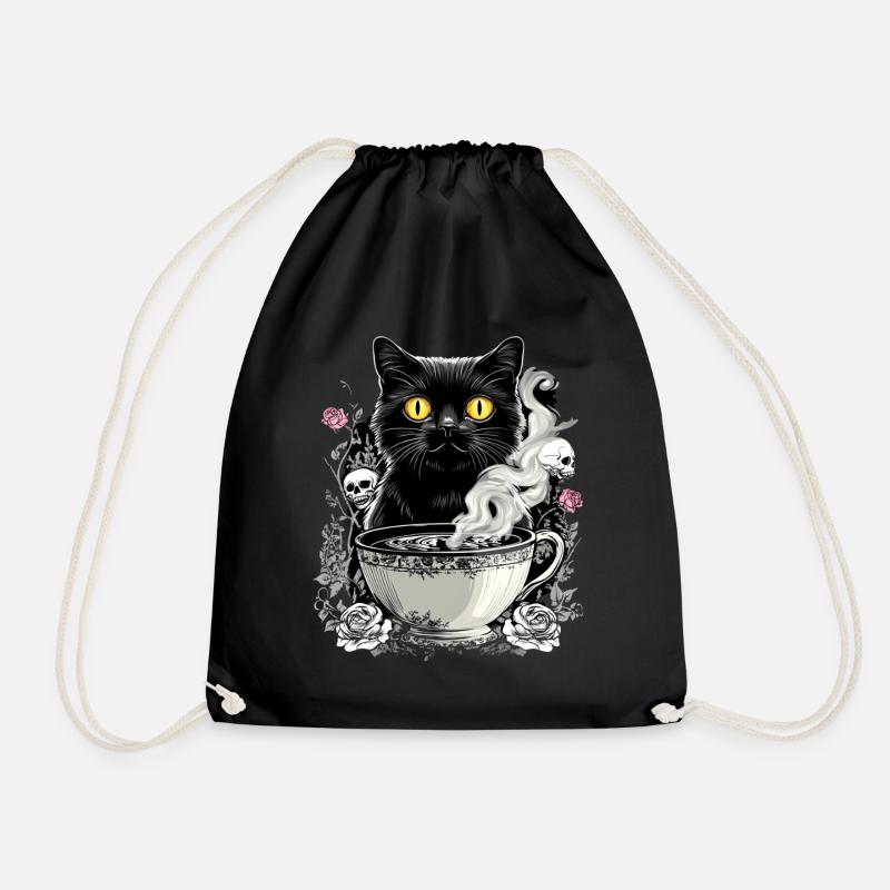 Mystisch: Katze mit Totenkopf-Kaffee - Turnbeutel - Schwarz