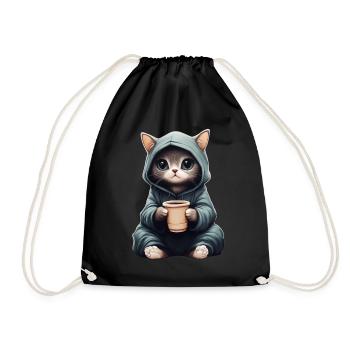 Mignon : Chat dans un sweat à capuche avec du café - Sac de sport léger - noir - Devant