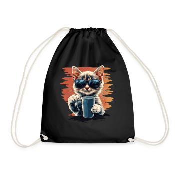 Cool cat with sunglasses & coffee - Drawstring Bag - black - Front