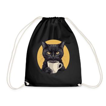 Realistic Cat with Coffee - Morning Ritual - Drawstring Bag - black - Front