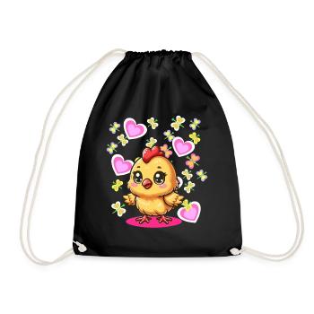 Spring Easter Chick Kids Child Chicken Heart - Drawstring Bag - black - Front