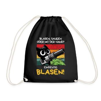 Blasen? Eindeutig! – Lustige Katze mit Laubbläser - Turnbeutel - Schwarz - Vorne