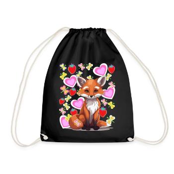 Fox Foxes Heart Summertime Strawberries Kids 80s - Drawstring Bag - black - Front