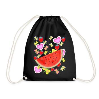 Fruit Fruit Melon Retro Vintage Strawberries Heart - Drawstring Bag - black - Front