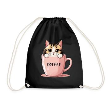 Süße Kaffeekatze – Perfekte Morgenmotivation - Turnbeutel - Schwarz - Vorne