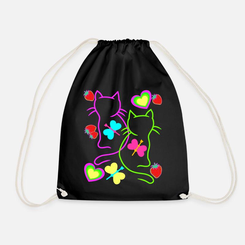 Retro Katzen Erdbeer Sommer 80er Katze Vintage - Turnbeutel - Schwarz