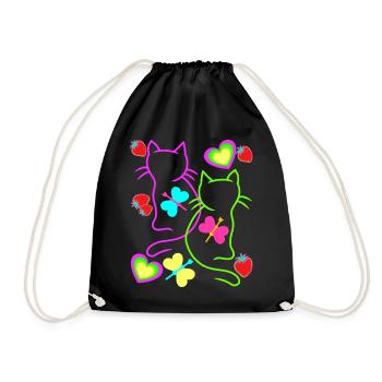 Retro Katzen Erdbeer Sommer 80er Katze Vintage - Turnbeutel - Schwarz - Vorne