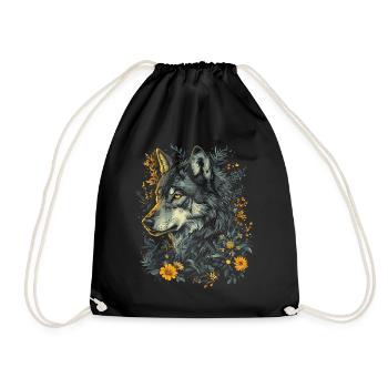 Wolf Wolfskopf Blumen Pflanzen Natur Wildnis Kunst - Turnbeutel - Schwarz - Vorne
