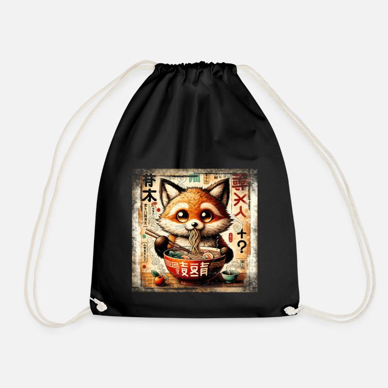 Ramen Fox Grunge Poster Style - Drawstring Bag - black
