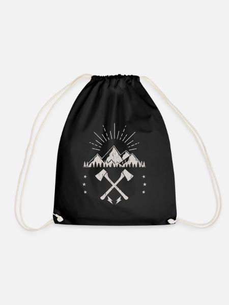 Rugged Mountain Sunrise Axe Emblem - Drawstring Bag - black