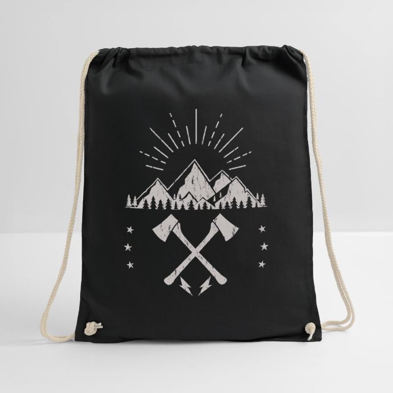 Rugged Mountain Sunrise Axe Emblem Drawstring Bag