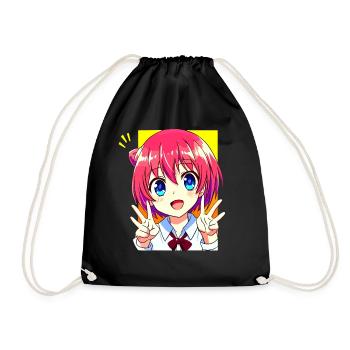 Cute Anime Manga Girl - Peace Sign Kawaii - Drawstring Bag - black - Front