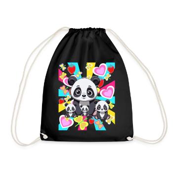 Retro Panda Family Kids Teen Bears Asia Bear - Drawstring Bag - black - Front