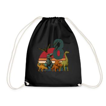 Dino Birthday 8 Years Retro Dinosaur Gift - Drawstring Bag - black - Front