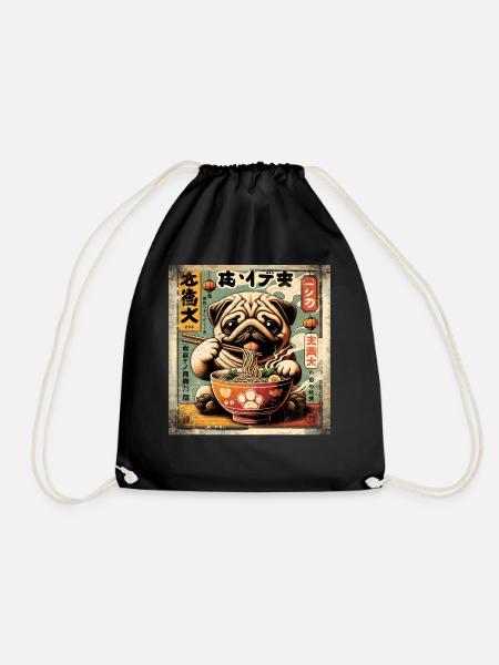 Ramen Pug Dog Grunge Poster Style - Drawstring Bag - black