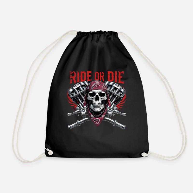 Motorcycle Skull Ride or Die Biker Chopper Rock - Drawstring Bag - black