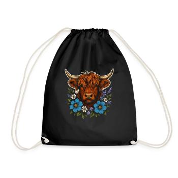 Highland-Kuh mit Blumenkranz – Landleben Stil - Turnbeutel - Schwarz - Vorne