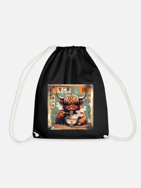 Ramen Highland Cow Grunge Poster Style - Turnbeutel - Schwarz