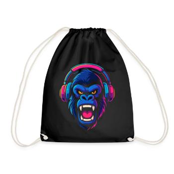 Neon Gorilla With Headphones - Drawstring Bag - black - Front