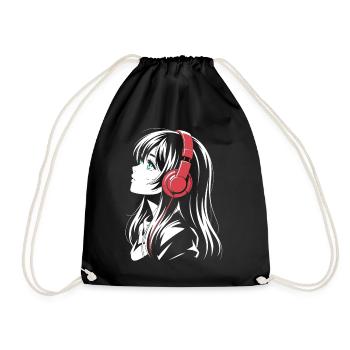 Anime Girl with Headphones Design - Drawstring Bag - black - Front