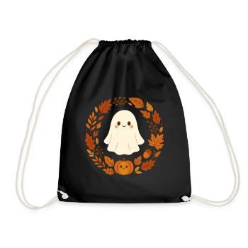 Cute Ghost in Autumn Wreath – Cozy Halloween Design - Drawstring Bag - black - Front