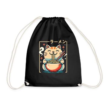 Cat with noodles ramen kawaii cat - Drawstring Bag - black - Front