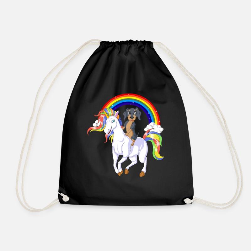 Funny Dachshund Riding Unicorn on Rainbow Magical - Drawstring Bag - black
