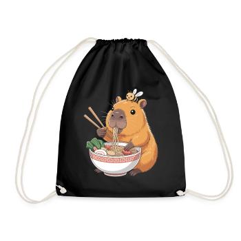 Capybara Ramen Kawaii With Bee - Drawstring Bag - black - Front