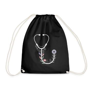Floral Motif with Medical Stethoscope - Drawstring Bag - black - Front